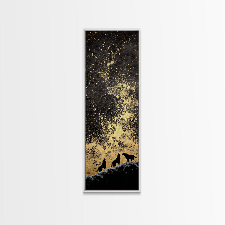 Howling Wolves Norse Night Canvas Gold Art Canvas Art, Nordic Mythology Wall Art for Men’s Office, framed with real wood