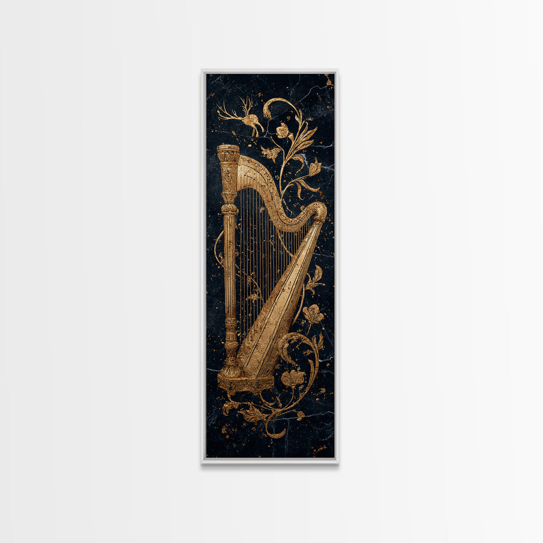 Golden Harp Nordic Wall Art, Wood Framed Canvas Art, Canvas Gold Art, Gold Leaf, Gold Foil Art