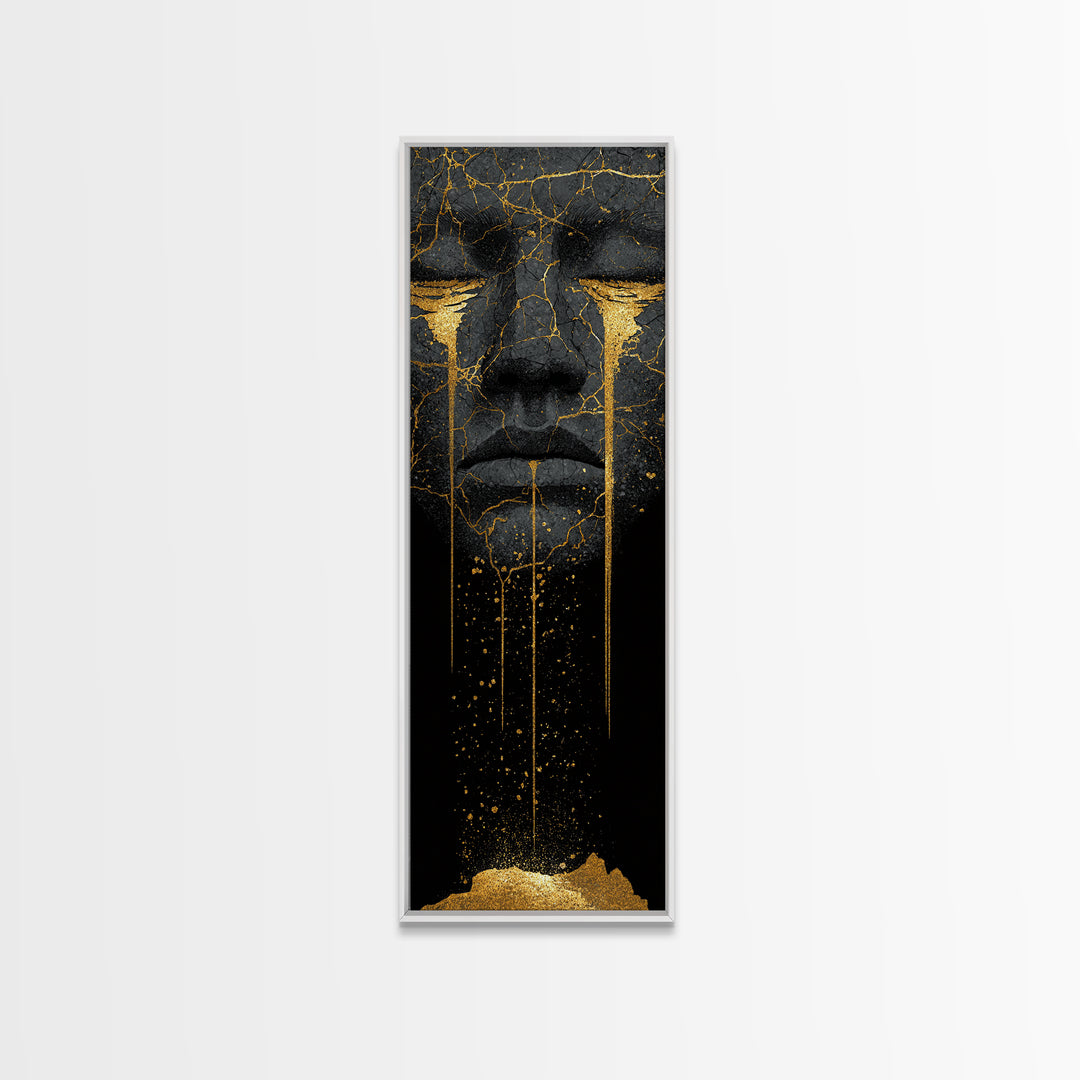 Crying Norse Mask Canvas Gold Art Canvas Art | Nordic Mythology Wall Decor for Man Cave or Office | Framed in Natural Wood