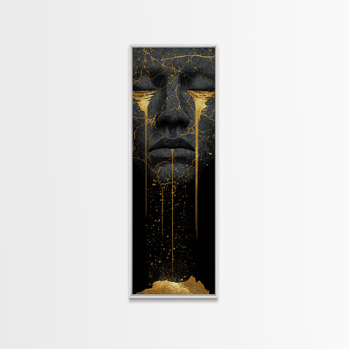 Crying Norse Mask Canvas Gold Art Canvas Art | Nordic Mythology Wall Decor for Man Cave or Office | Framed in Natural Wood