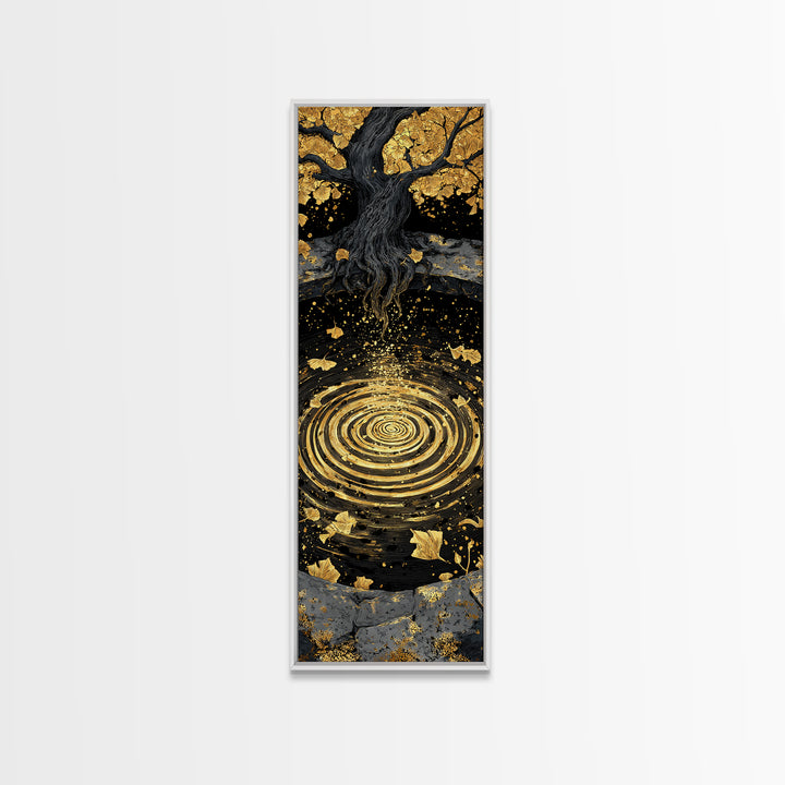 Yggdrasil Tree Canvas Gold Art Canvas Art | Nordic Mythology Wall Art of World Tree | Viking Office Decor Framed with Natural Wood
