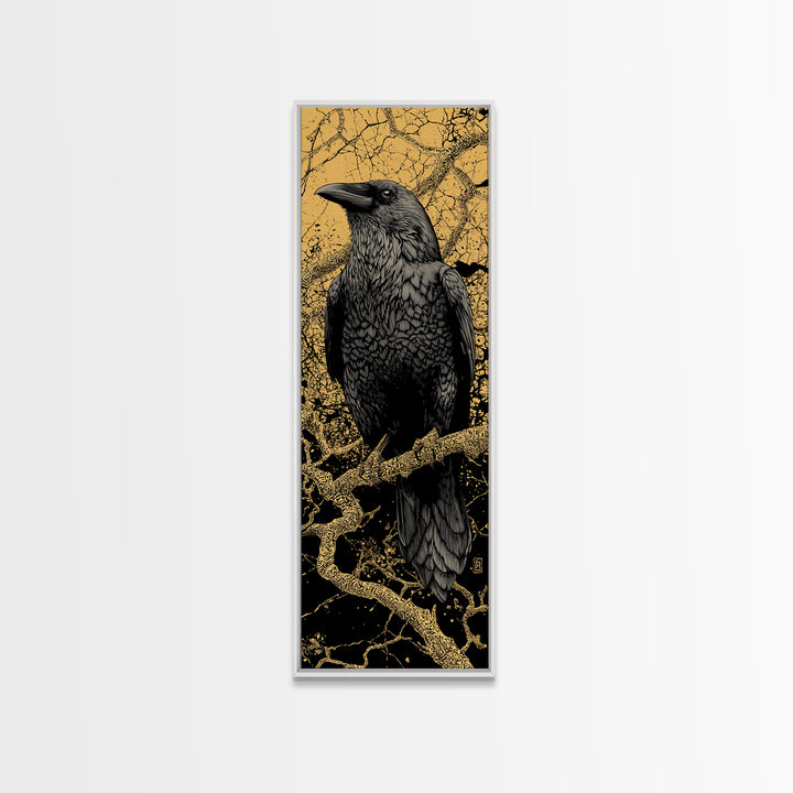 Hugin Raven Canvas Gold Art Canvas Art | Nordic Mythology Wall Decor of Odin’s Raven | Viking Office Art Framed in Natural Wood