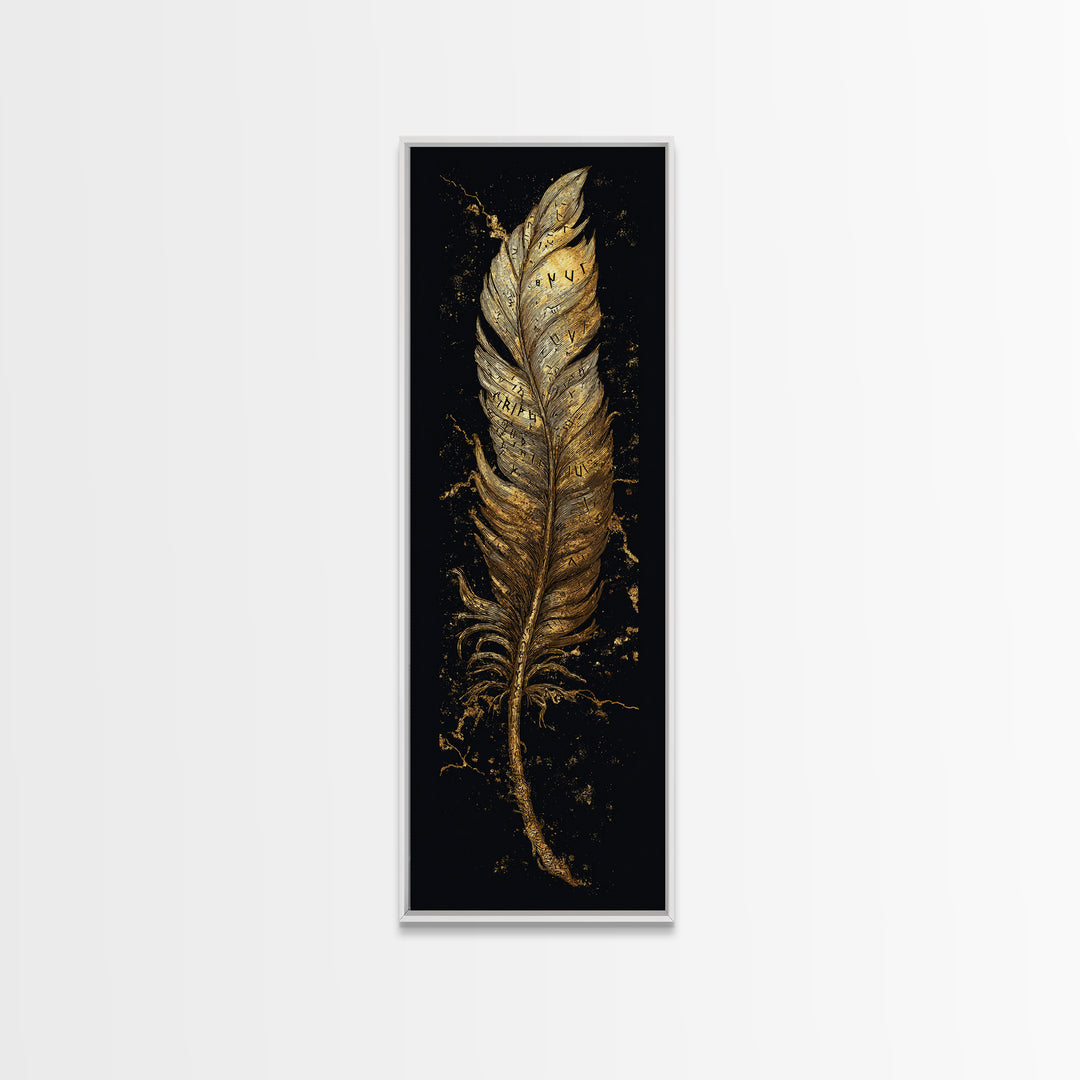 Canvas Gold Art Viking Rune Feather Canvas Art, Nordic Mythology Wall Decor for Office or Man Cave, framed in natural wood
