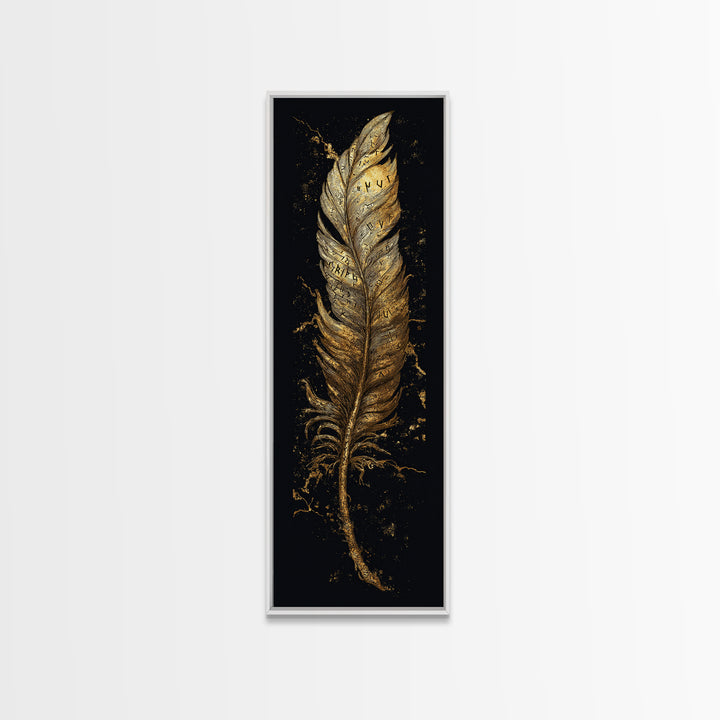 Canvas Gold Art Viking Rune Feather Canvas Art, Nordic Mythology Wall Decor for Office or Man Cave, framed in natural wood