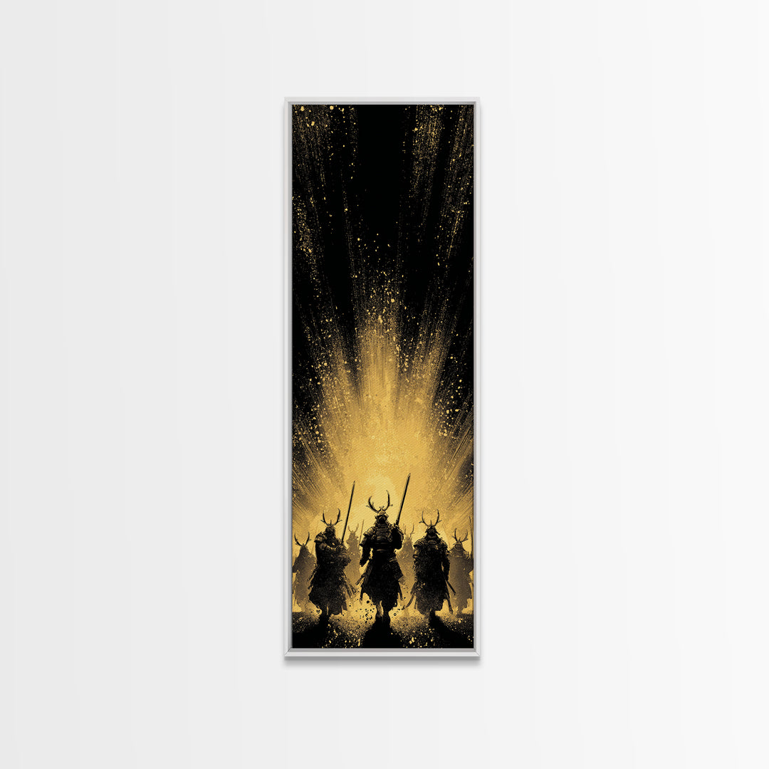 Norse Mythology Canvas Gold Art of Einherjar Warriors, Viking Canvas Art for Dad Gift or Office Art, Nordic Battle Scene Framed in Natural Wood