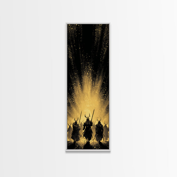 Norse Mythology Canvas Gold Art of Einherjar Warriors, Viking Canvas Art for Dad Gift or Office Art, Nordic Battle Scene Framed in Natural Wood
