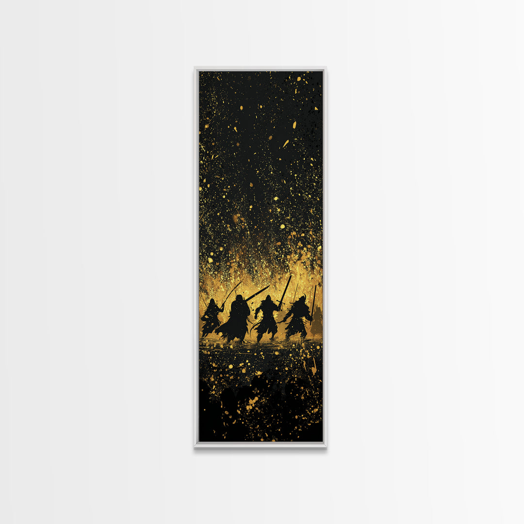 Viking Warriors Canvas Gold Art, Norse Mythology Canvas Art Depicting Heroic Einherjar, Man Cave and Office Wall Decor with Real Wood Framing