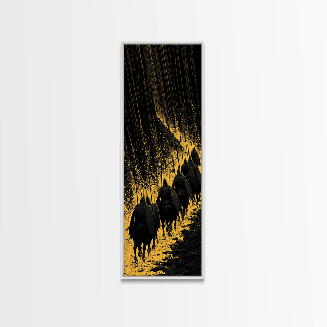 Einherjar Warriors Canvas Gold Art, Viking Battle Canvas Art with Norse Mythology Theme, Office or Man Cave Wall Decor in Real Wood Frame