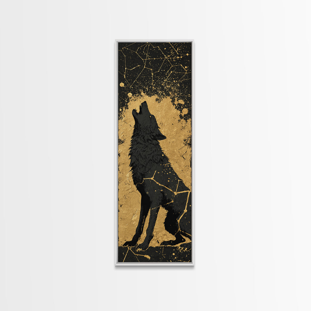 Fenrir Wolf Canvas Gold Art, Norse Mythology Canvas Art Depicting Legendary Wolf, Viking Office Art or Man Cave Decor with Real Wood Framing