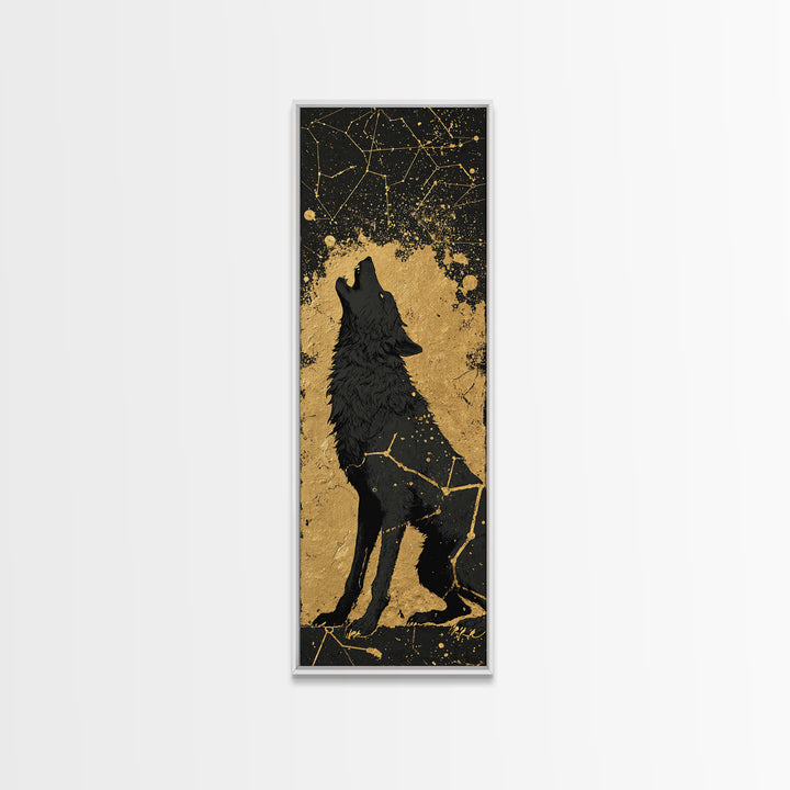 Fenrir Wolf Canvas Gold Art, Norse Mythology Canvas Art Depicting Legendary Wolf, Viking Office Art or Man Cave Decor with Real Wood Framing