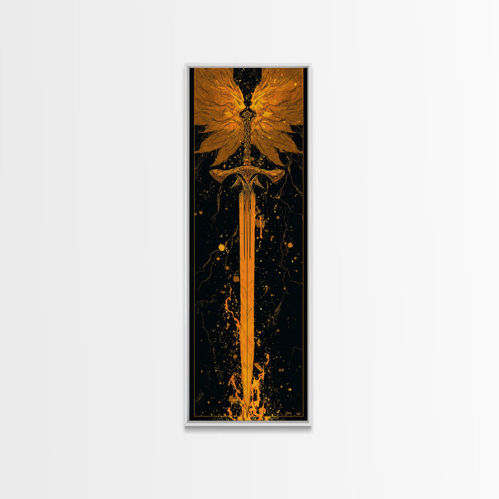 Norse Viking Sword Canvas Gold Art, Nordic Mythology Canvas Art Featuring Golden Weapon, Man Cave Office Wall Decor with Elegant Natural Wood Frame