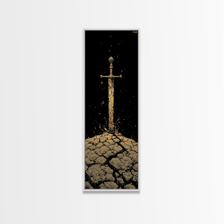 Sword of the North Canvas Gold Art – Viking Mythology Canvas Art for Man Cave or Office, framed in natural real wood