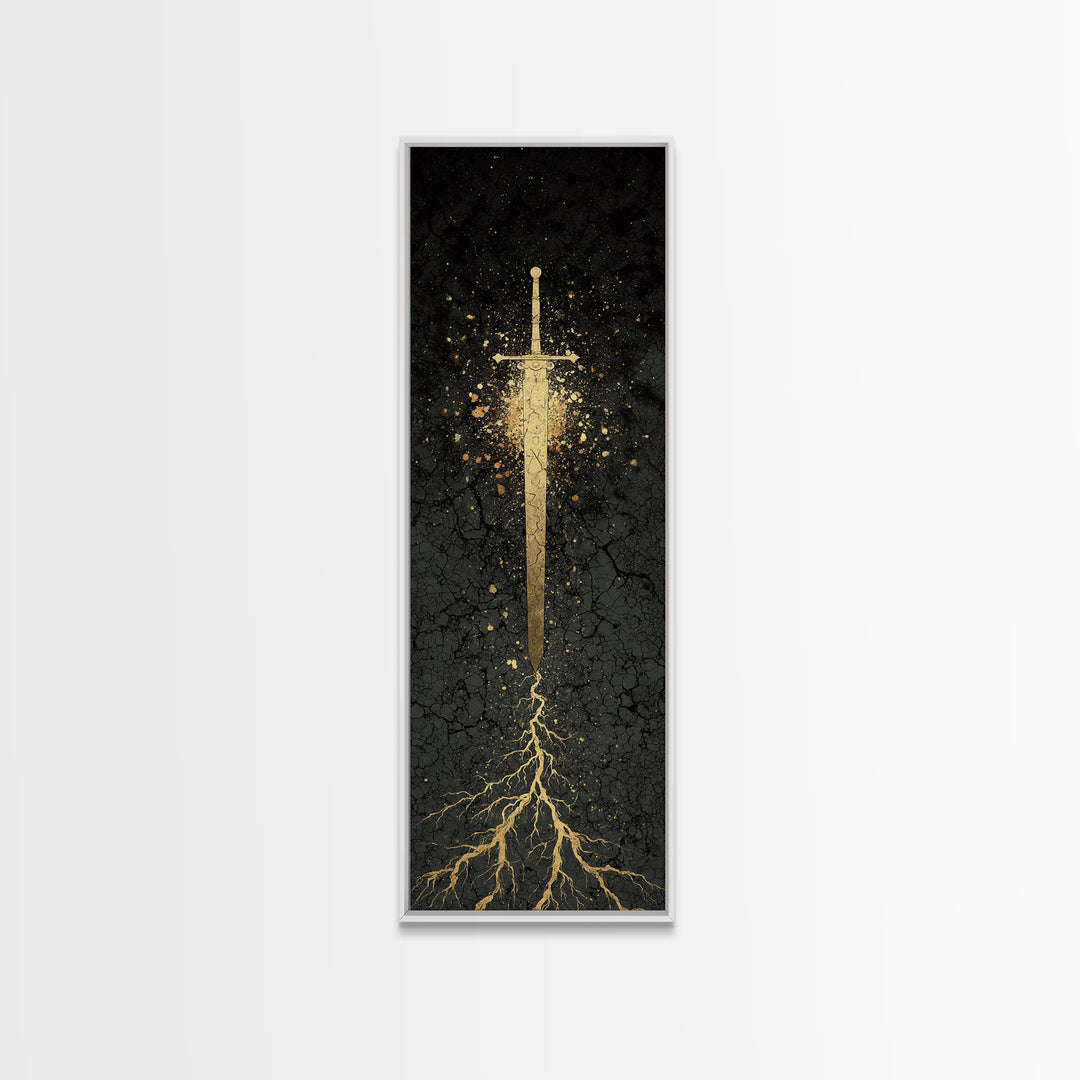 Canvas Gold Art of Runic Viking Sword – Nordic Mythology Canvas Art, Norse Decor with real wood frame, perfect Dad Gift