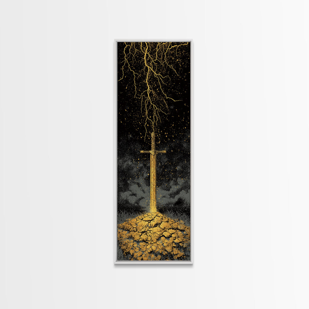 Storm-Forged Viking Sword Canvas Gold Art – Striking Nordic Mythology Canvas Art with lightning, real wood frame included