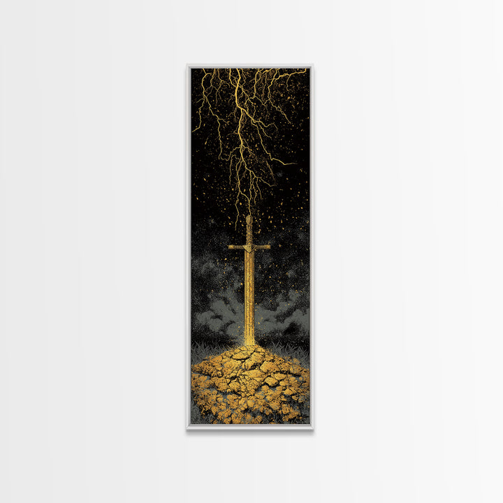 Storm-Forged Viking Sword Canvas Gold Art – Striking Nordic Mythology Canvas Art with lightning, real wood frame included