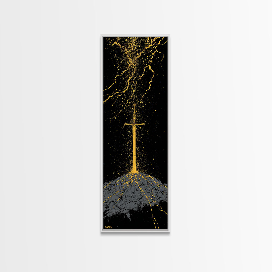 Viking Sword Under Thunder Canvas Gold Art – Nordic Mythology Canvas Art, bold wall décor for office, with real wood frame