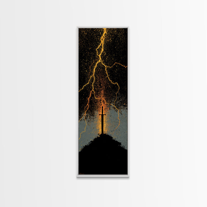 Mythic Norse Sword Canvas Gold Art – Viking-inspired Canvas Art, perfect Man Cave Art or Office Gift, framed in natural wood