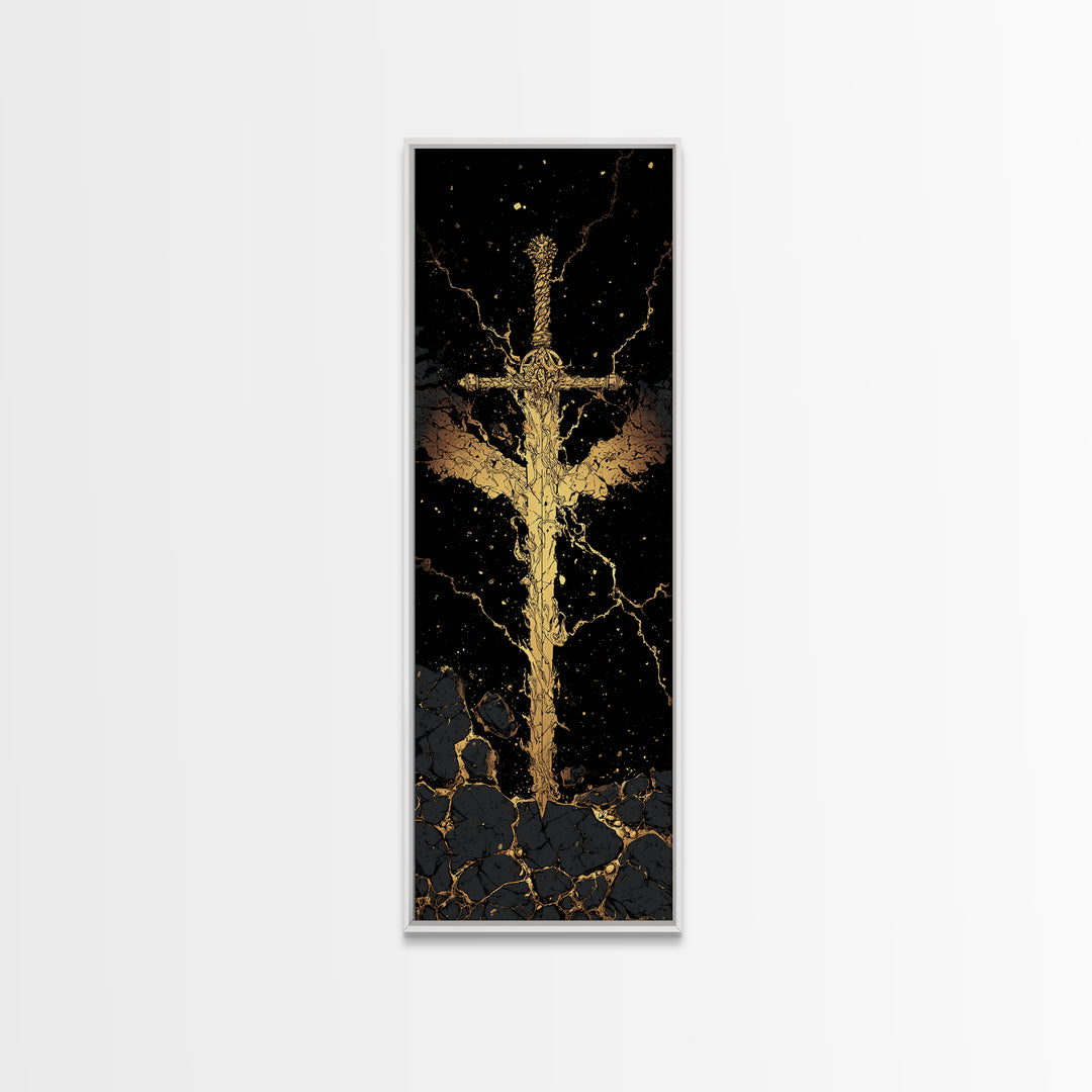 Golden Sword Canvas Gold Art, Norse Mythology Viking Canvas Art Depicting Mythic Blade, Office Art or Man Cave Decor in Real Wood Framing