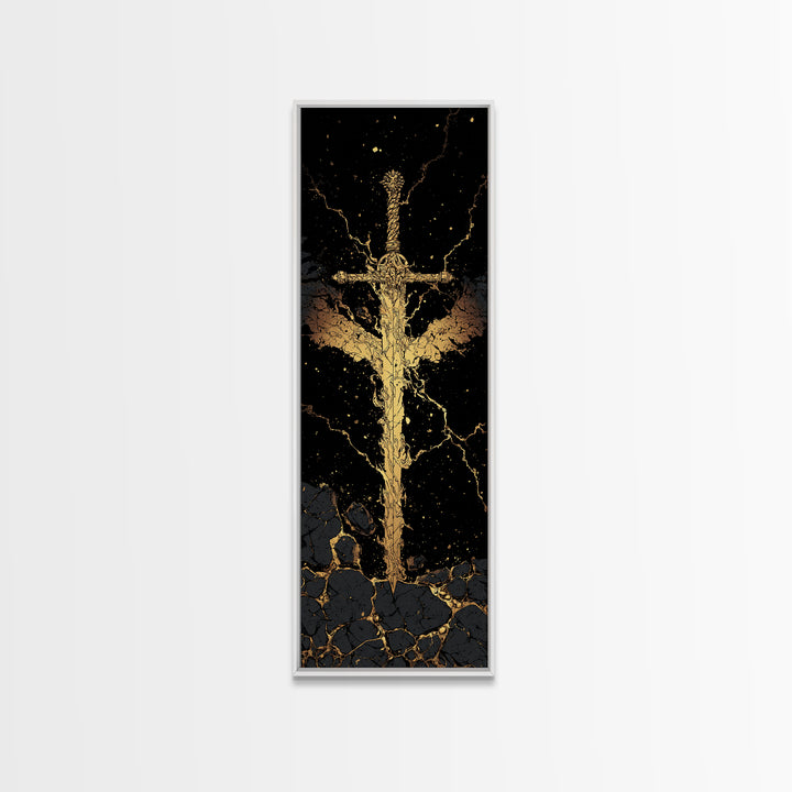 Golden Sword Canvas Gold Art, Norse Mythology Viking Canvas Art Depicting Mythic Blade, Office Art or Man Cave Decor in Real Wood Framing