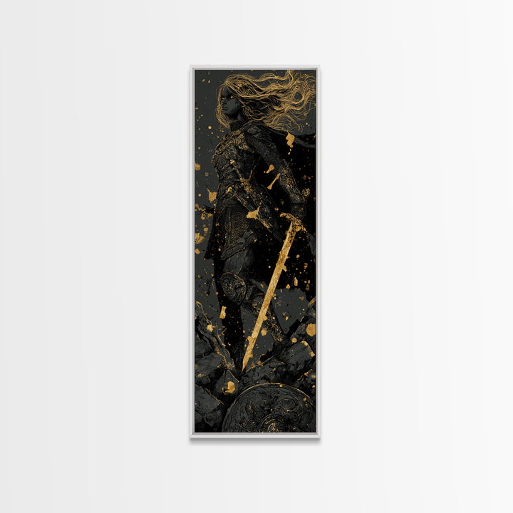 Nordic Shieldmaiden Hervor Canvas Gold Art – Epic Viking Canvas Art, Man Cave wall décor in real wood frame, Dad Gift