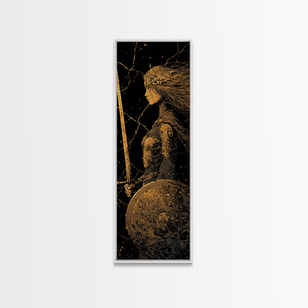 Hervor the Shieldmaiden Canvas Gold Art – Powerful Norse Warrior Canvas Art for Man Cave or Office, framed with real wood