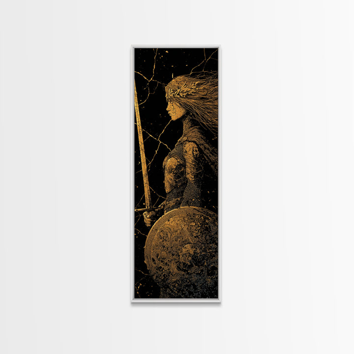 Hervor the Shieldmaiden Canvas Gold Art – Powerful Norse Warrior Canvas Art for Man Cave or Office, framed with real wood