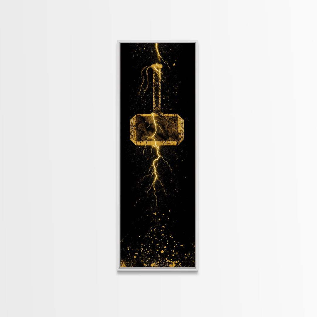 Thor’s Hammer Mjolnir Canvas Gold Art, Viking Canvas Art Norse Mythology Wall Decor, Office or Man Cave Artwork in Real Wood Frame