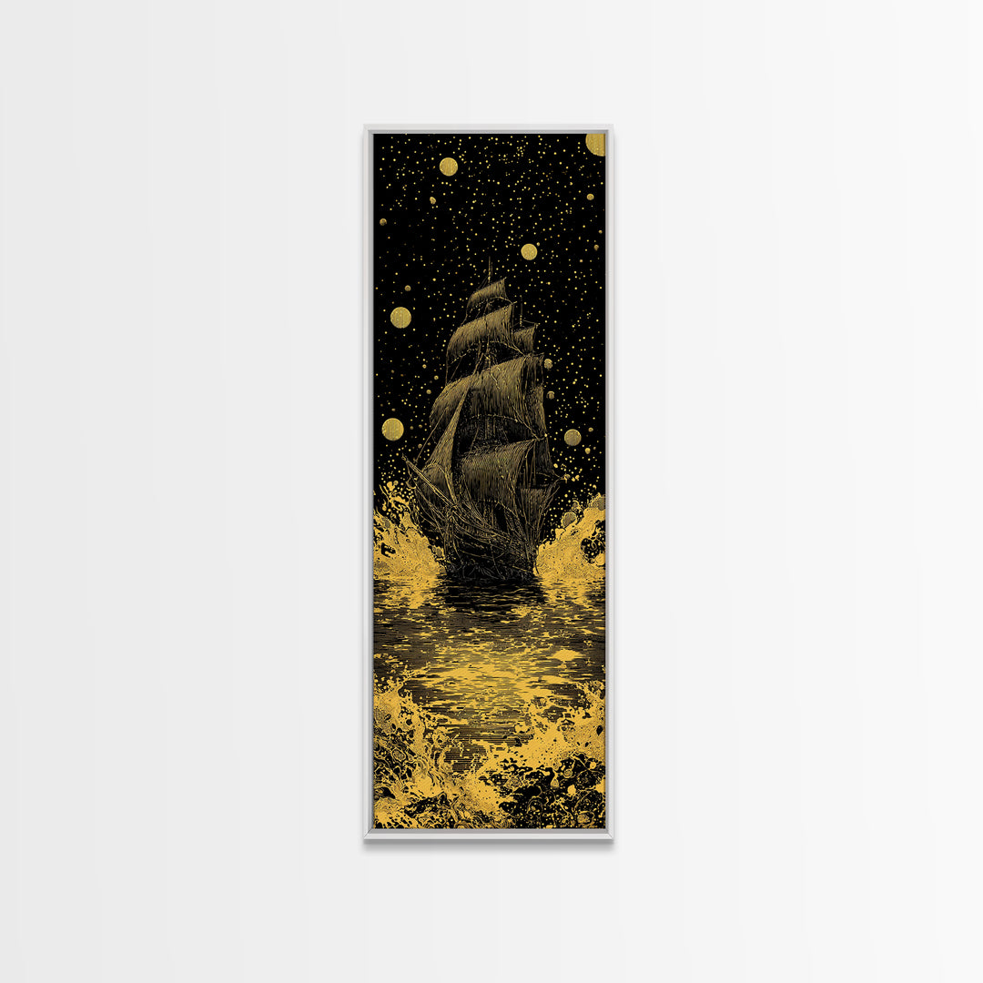 Naglfar Ship Norse Mythology Wall Decor, Canvas Gold Art Viking Canvas Art, Unique Dad Gift Office or Study Framed in Natural Wood