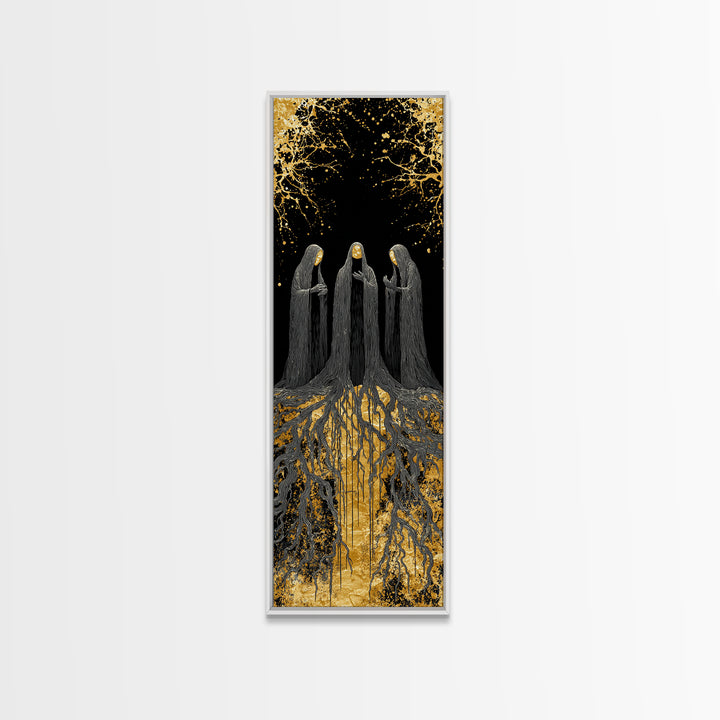 The Norns Canvas Gold Art, Viking Canvas Art of Norse Fates, Nordic Mythology Wall Hanging, Spiritual Office Art with Real Wood Frame