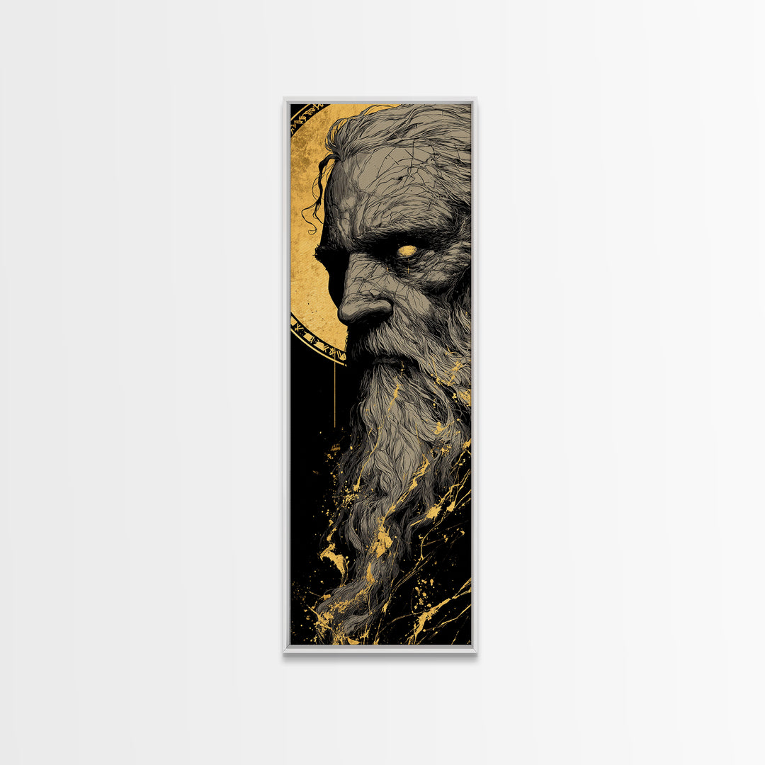 Odin Canvas Gold Art, Viking Canvas Art Norse Allfather Portrait, Nordic Mythology Wall Decor for Man Cave or Office in Wood Frame