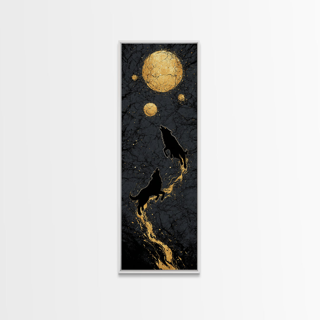 Sköll and Hati Wolves Canvas Gold Art, Viking Canvas Art Norse Mythology Wall Decor, Nordic Moon Wolves Office or Man Cave in Wood Frame