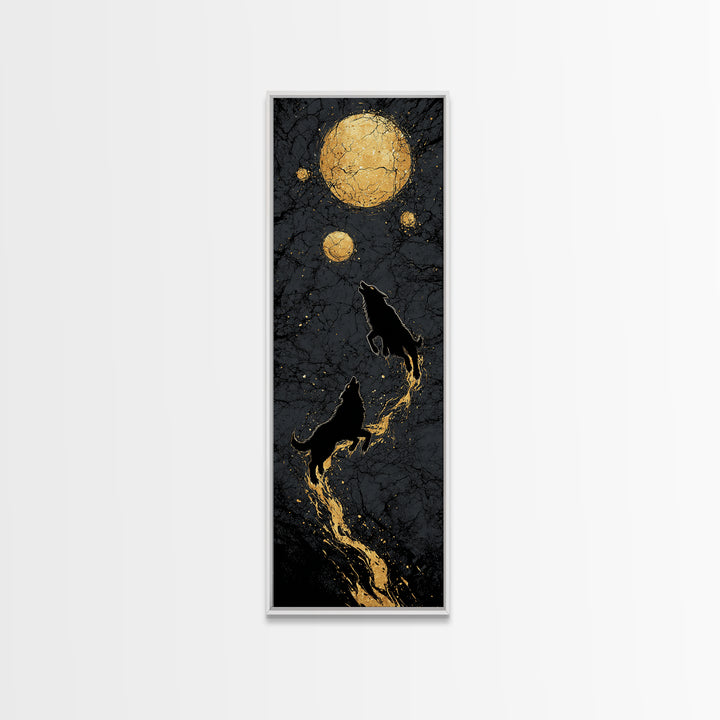 Sköll and Hati Wolves Canvas Gold Art, Viking Canvas Art Norse Mythology Wall Decor, Nordic Moon Wolves Office or Man Cave in Wood Frame