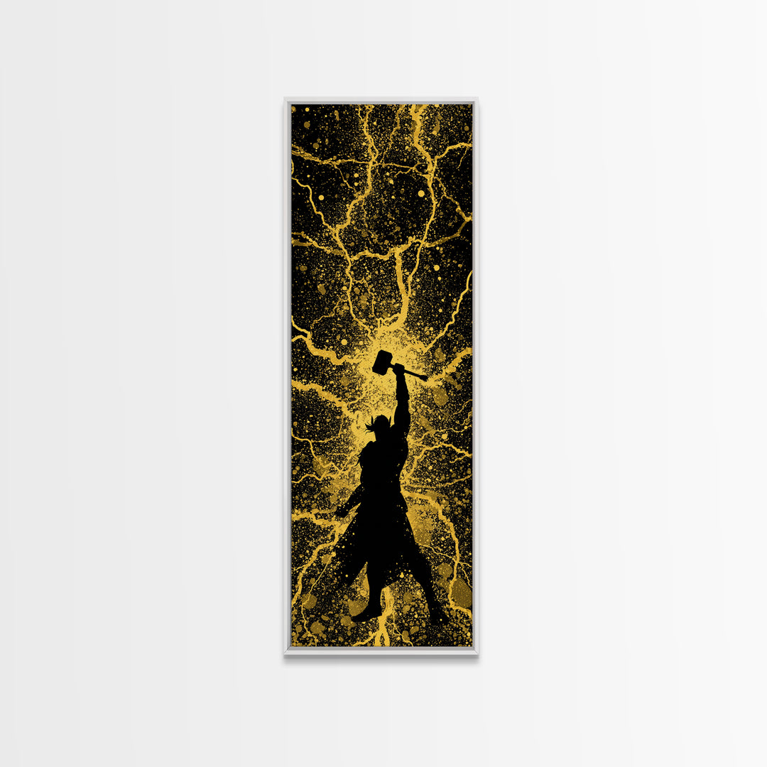 Thor Canvas Gold Art, Viking Canvas Art Norse God of Thunder Wall Decor, Nordic Mythology Office or Man Cave Art in Real Wood Frame