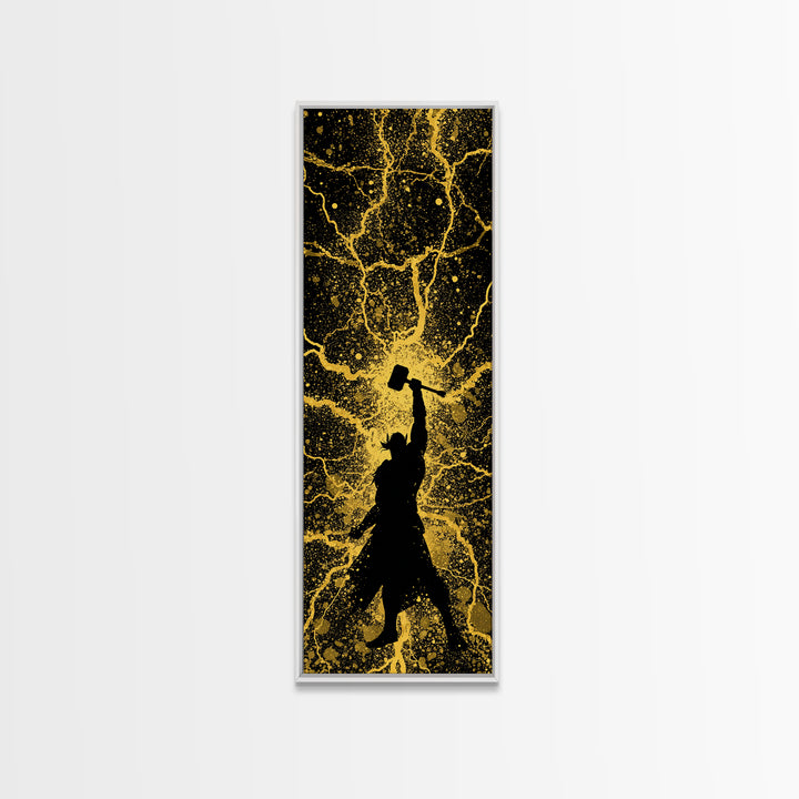 Thor Canvas Gold Art, Viking Canvas Art Norse God of Thunder Wall Decor, Nordic Mythology Office or Man Cave Art in Real Wood Frame