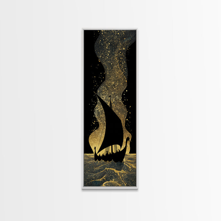 Nordic Viking Ship Canvas Gold Art, Mythology Inspired Canvas Art for Office or Man Cave, framed in authentic wood craftsmanship
