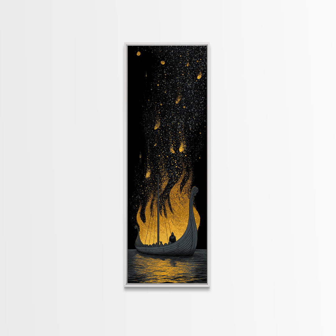 Viking Funeral Ship Canvas Gold Art, Norse Mythology Canvas Art framed with real wood, Nordic man cave wall art gift idea