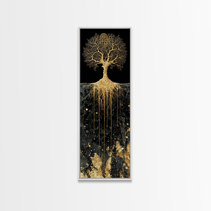 Canvas Art Yggdrasil Nordic Tree of Life, Canvas Gold Art framed with real wood, Norse Mythology inspired office or dad gift wall art