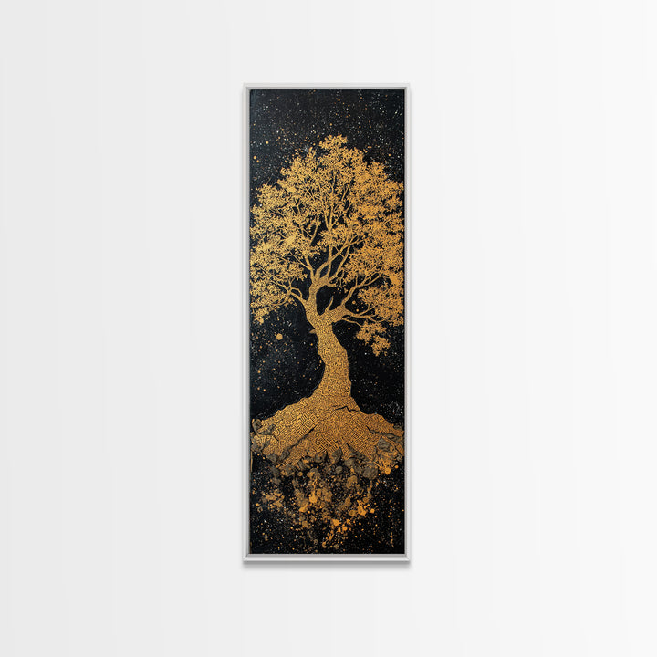 Yggdrasil Canvas Gold Art Norse World Tree, Nordic Mythology Canvas Art framed in natural wood, perfect Viking man cave wall decor