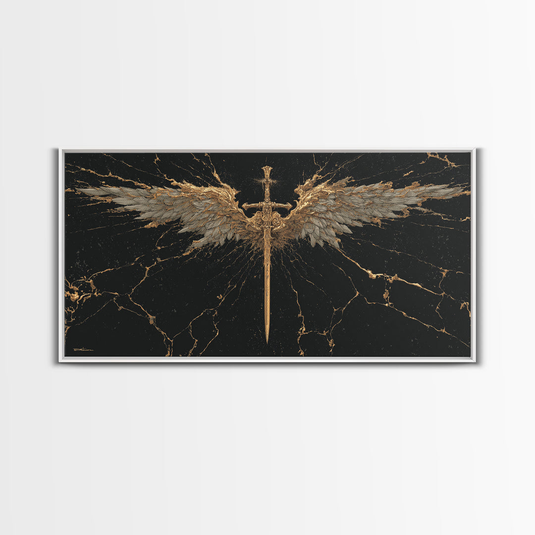 Winged Sword Canvas Gold Art Canvas Art Norse Mythology Wall Art Framed in Real Wood, Viking Office Decor or Dad Gift