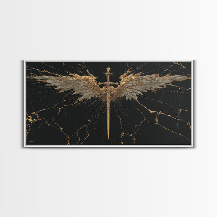 Winged Sword Canvas Gold Art Canvas Art Norse Mythology Wall Art Framed in Real Wood, Viking Office Decor or Dad Gift