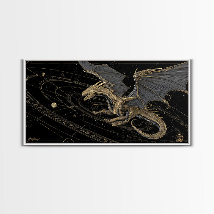 Cosmic Norse Dragon Canvas Gold Art Canvas Art Wall Decor, Nordic Mythology Gift for Office or Man Cave, Natural Wood Frame
