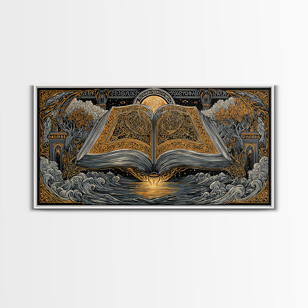 Poetic Edda Book Canvas Gold Art Canvas Art Norse Mythology Wall Decor with Real Wood Frame, Viking Office or Dad Gift Artwork