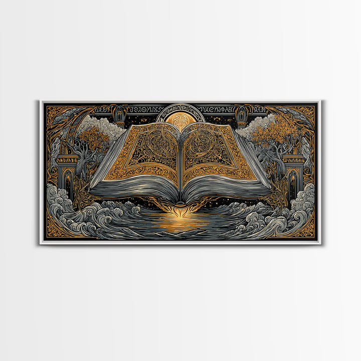 Poetic Edda Book Canvas Gold Art Canvas Art Norse Mythology Wall Decor with Real Wood Frame, Viking Office or Dad Gift Artwork