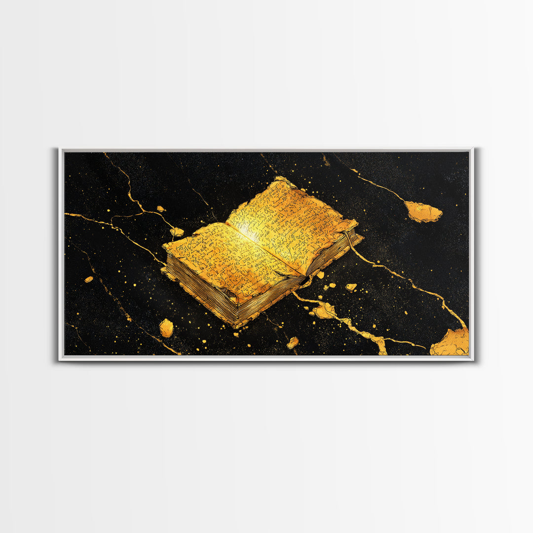 Ancient Nordic Runes Book Canvas Gold Art Canvas Art with Cosmic Background, Viking Mythology Wall Decor, Real Wood Frame