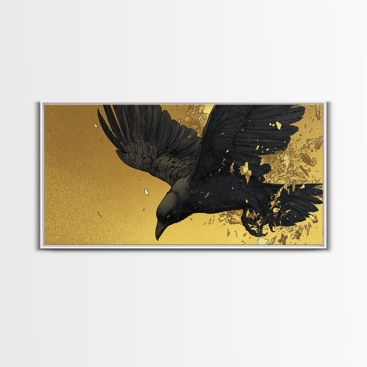 Odin’s Raven Huginn Canvas Gold Art Canvas Art Norse Mythology Wall Decor with Natural Wood Frame, Man Cave or Office Gift