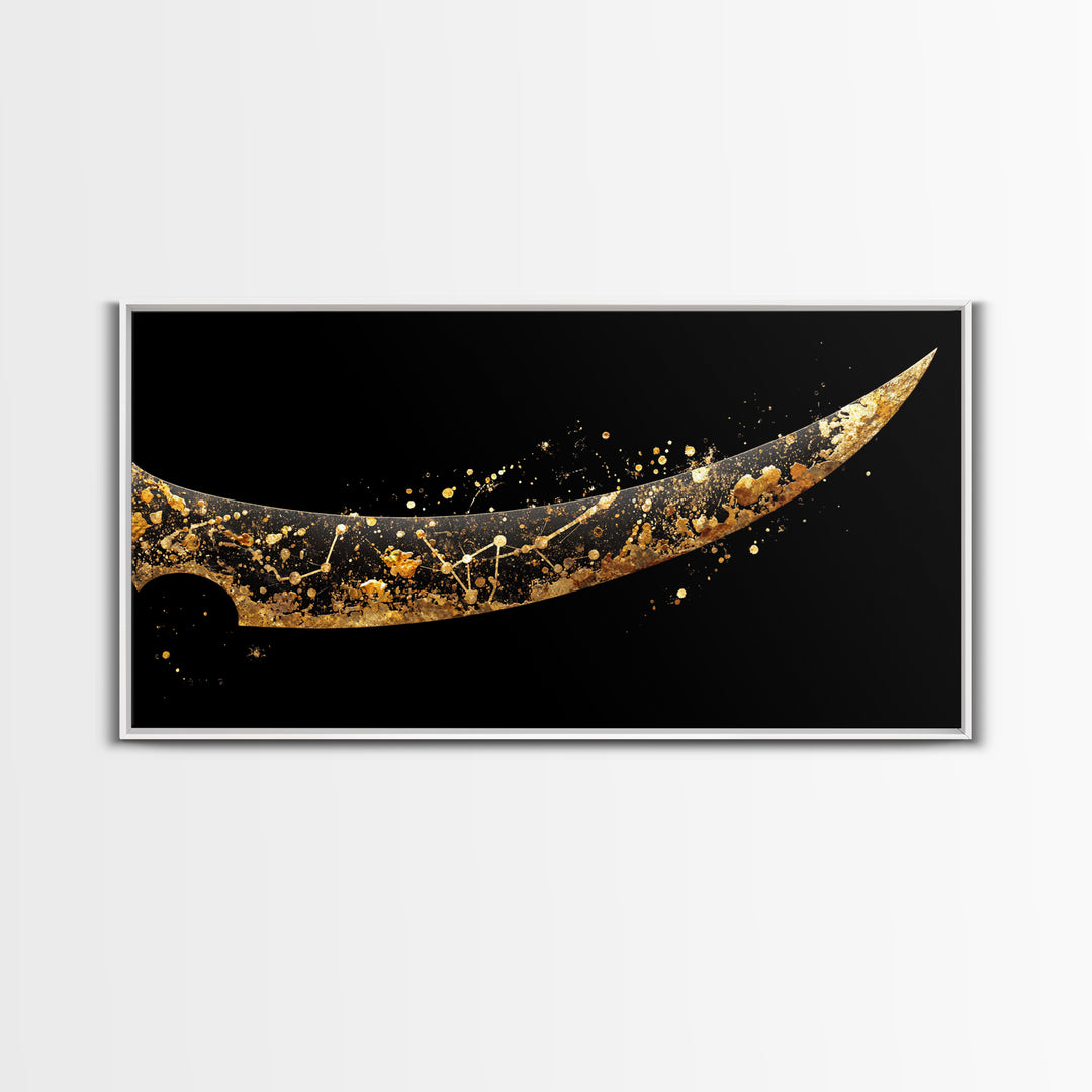 Curved Viking Blade Canvas Gold Art, Nordic Mythology Canvas Art Sword Print, Man Cave Wall Decor with real wood frame, warrior gift
