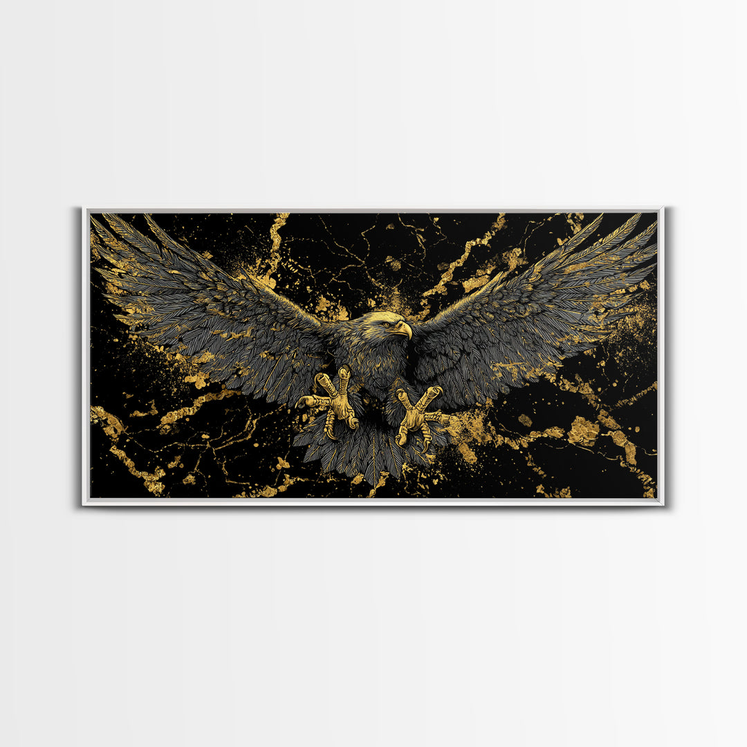 Odin’s Golden Eagle Canvas Gold Art, Norse Mythology Canvas Art Wall Decor, Viking Office Art framed in wood, bold masculine design
