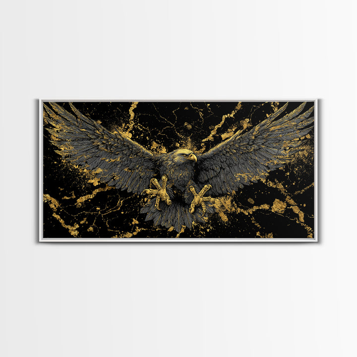 Odin’s Golden Eagle Canvas Gold Art, Norse Mythology Canvas Art Wall Decor, Viking Office Art framed in wood, bold masculine design