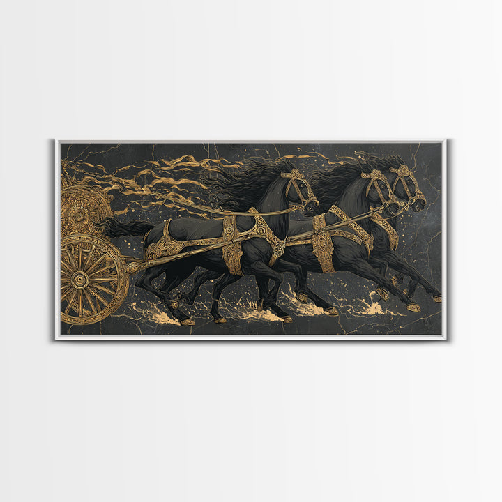 Viking War Chariot Canvas Gold Art, Nordic Mythology Canvas Art Print, Norse Decor for Office or Man Cave, framed with natural wood