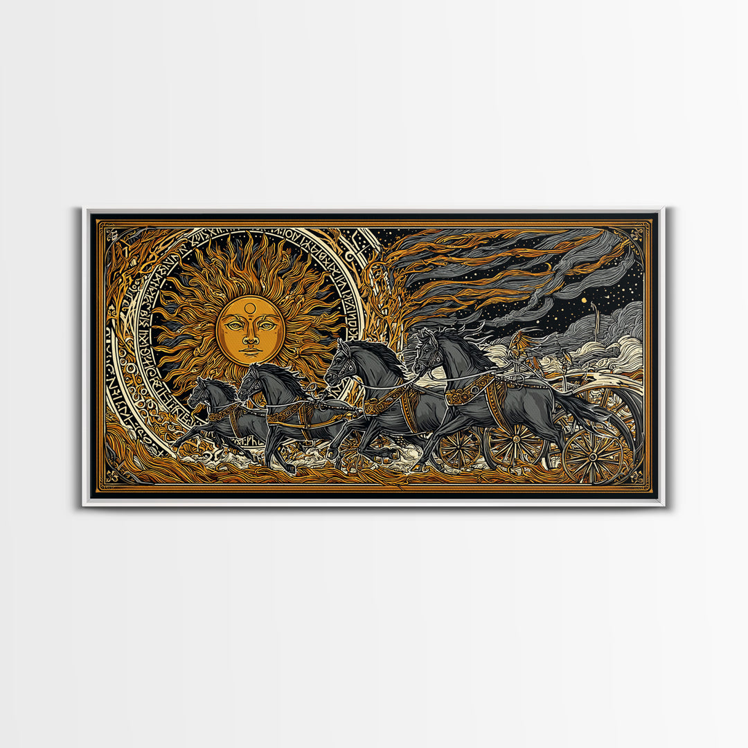 Sun Chariot of Sol Canvas Gold Art, Norse Mythology Canvas Art Wall Hanging, Viking Decor for Dad Gift, framed in authentic wood